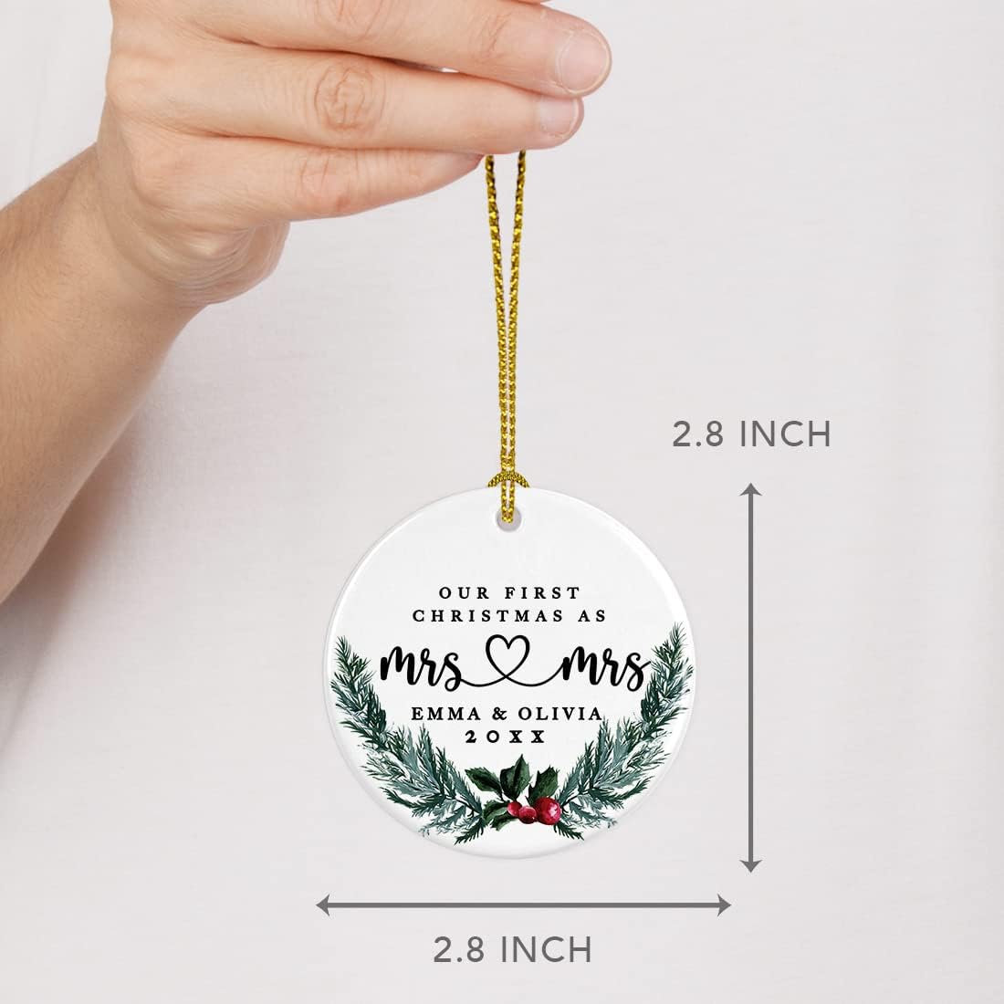 Andaz Press Personalized Our First Christmas As Mrs. & Mrs. 2025 Christmas Ornaments Holly & Pine Wreath 2.8" Round Porcelain Ceramic Lesbian Married Couple Gay Women Newlyweds Wedding Keepsake 1-Pack