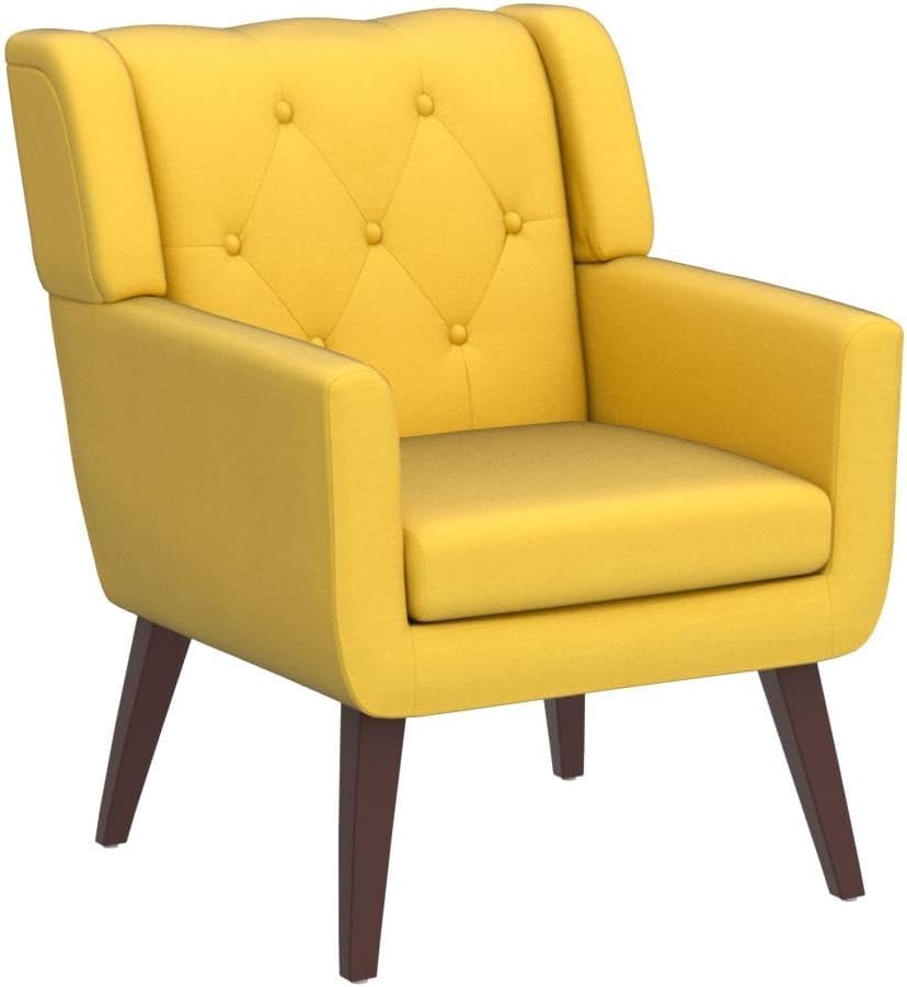 Accent Chair Button-Tufted Upholstered Living Room Chairs Comfy Reading Chair Mid Century Modern Chair with Linen Fabric Lounge Arm Chairs for Living Room Bedroom (Yellow Set of 2)