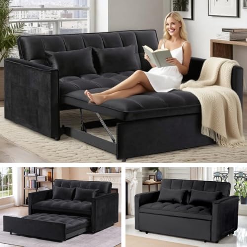 3 in 1 Convertible Sleeper Sofa Bed, Couch with Pull Out Bed with Side Pocket, Convertible Love Seat Sleepers Couch for Living Room, Bedroom, Black