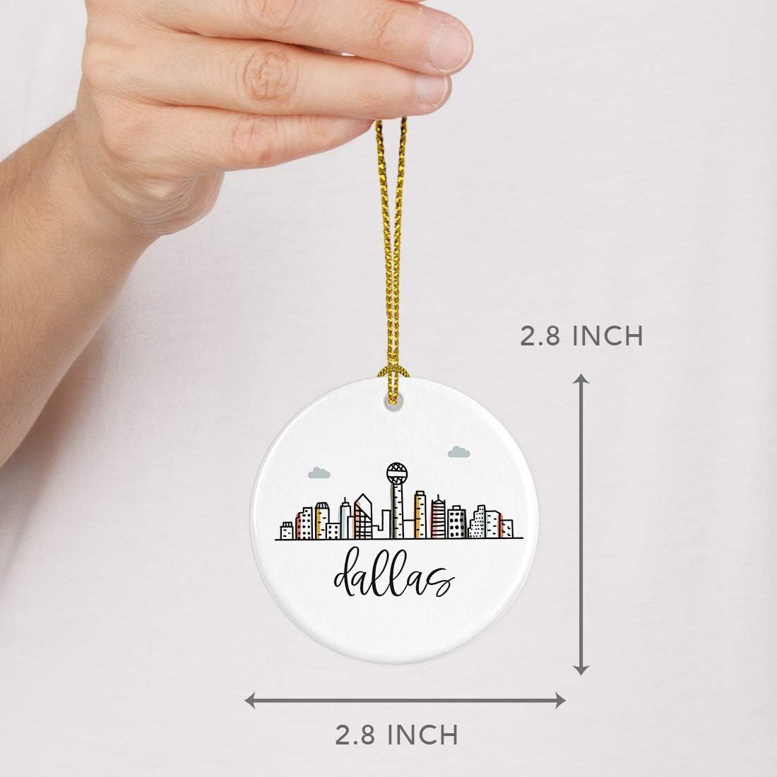 Andaz Press Round Ceramic Porcelain Christmas Tree Ornament Keepsake Gift, Colorful Dallas City Skyline, 1-Pack, Birthday Ideas Family Coworker Gift, Includes Box