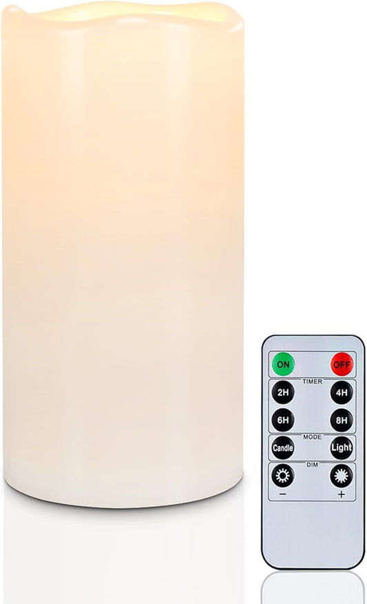 5plots 4" x 8" Single Waterproof Outdoor Flameless Candles, Battery Operated Flickering LED Pillar Candles with Remote and Timers for Indoor Outdoor Lanterns, Long Lasting, Large