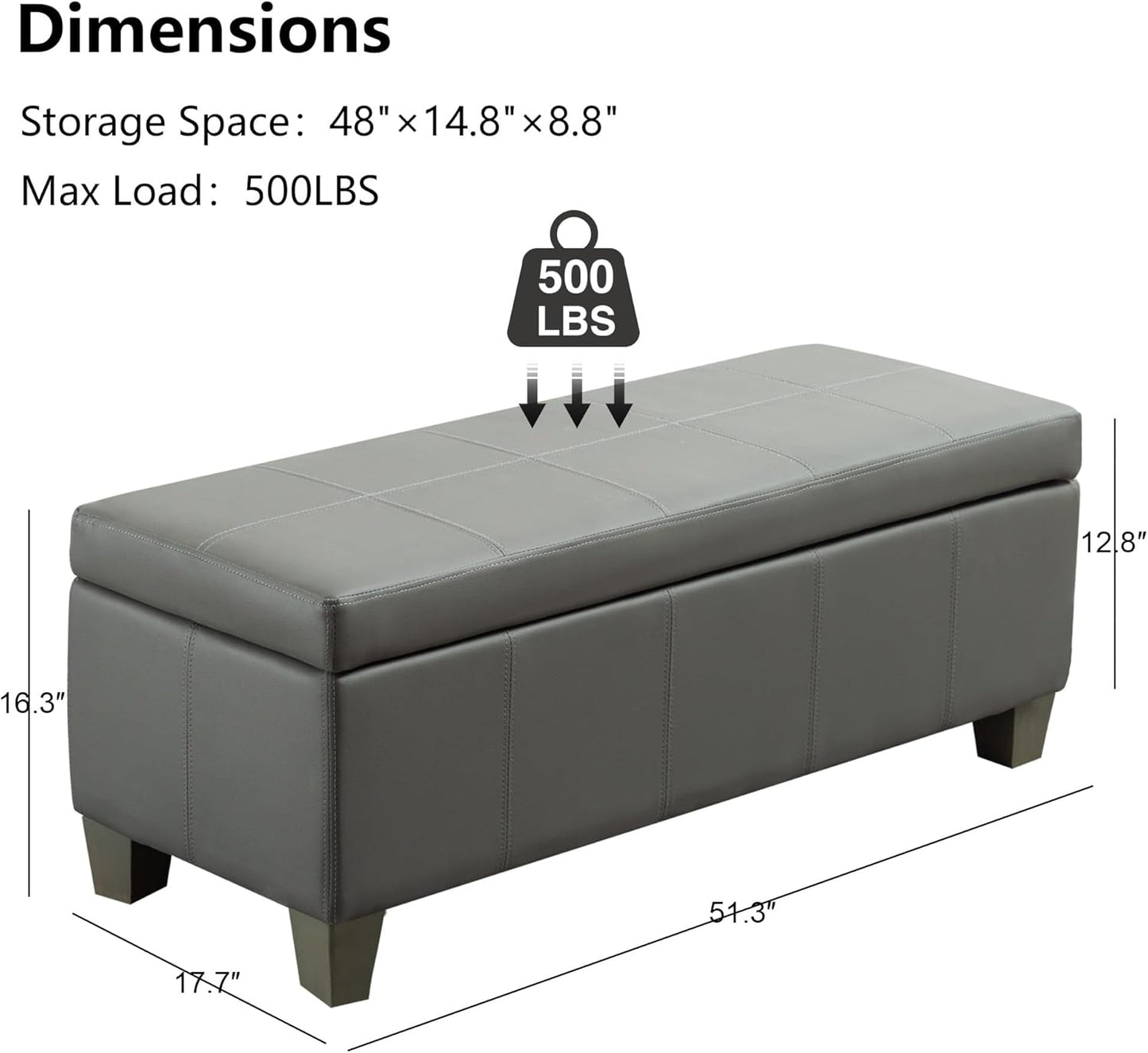 51 Inch Faux Leather Ottoman with Storage, End of Bed Bench with Large Storage, Rectangular Extra Long Bench for Bedroom and Living Room, Light Grey