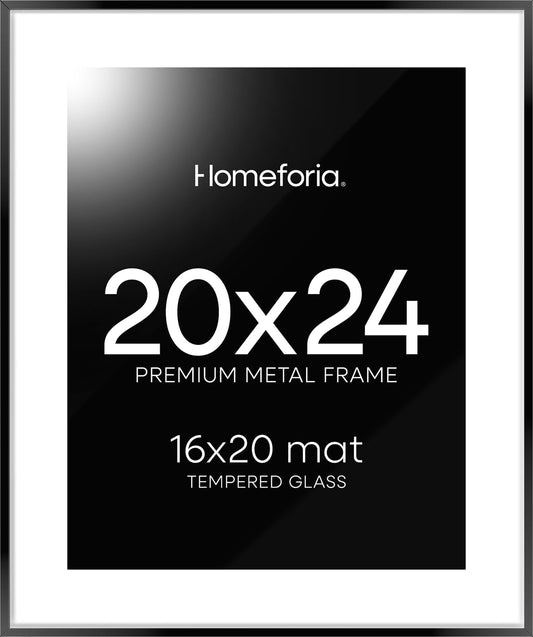 Homeforia 20x24 Picture Frame Black, High End Metal 20x24 Frame Matted to 16x20 Print, 20 x 24 Black Poster Frames with Mat 16 by 20 inch Photo, 24x20 Hanging Frame, Tempered Glass, Wall Kit, Set of 1