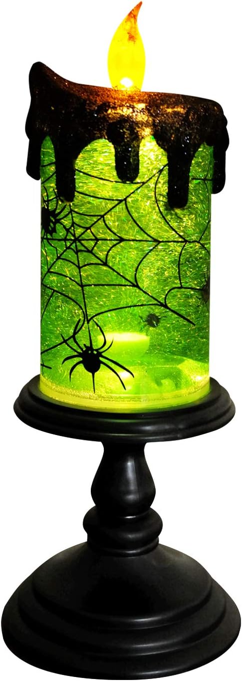 Eldnacele Halloween Snow Globe Candles Lighted Lamp, Battery Operated Spooky Spinning Water Glittering Tornado Candle Flameless Candles Table Centerpiece for Halloween Decoration Indoor(Spider)