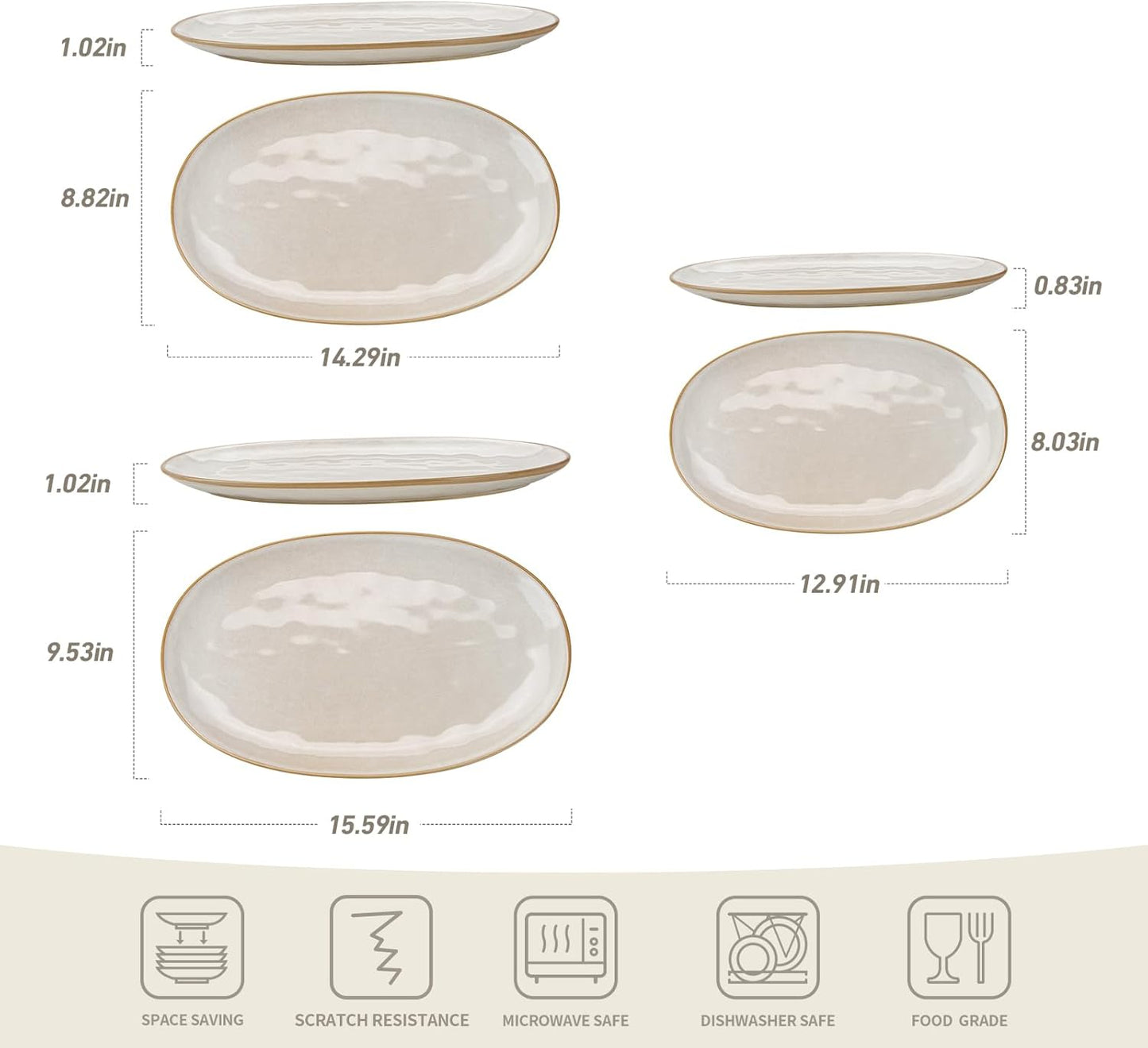 famiware Serving Platter, Oval 15.59/14.3/12.9 inch Serving Dishes for Entertaining, Serving Bowls, Microwave Safe, Stonware Serving Trays for Party, Turkey, Cheese, Ocean Series, Cappuccino White