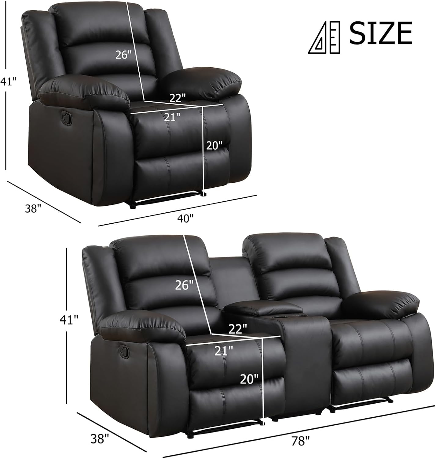 EBELLO Faux Leather Manual Reclining Sofa Set, Recliner Chair, Loveseat, Black