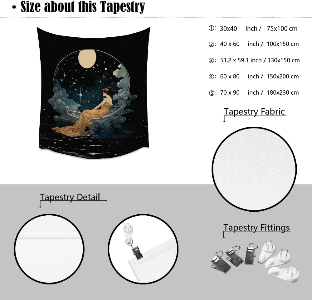 Dark Academia Tapestry Celestial Moonlit Bathing Lady Print Trendy Aesthetic Gothic Wall Hanging Vintage Art Nouveau Tapestries Wall Decor for Bedroom Living Room Dorm 50x60inch