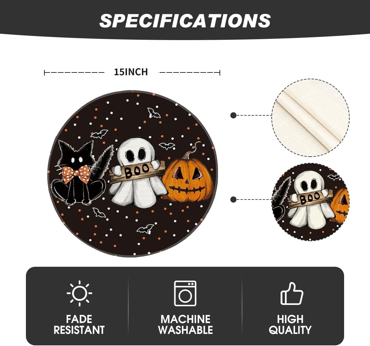 Artoid Mode Cat Ghost Pumpkins Halloween Round Placemats Set of 4, 14 Inch Table Mats for Party Kitchen Dining