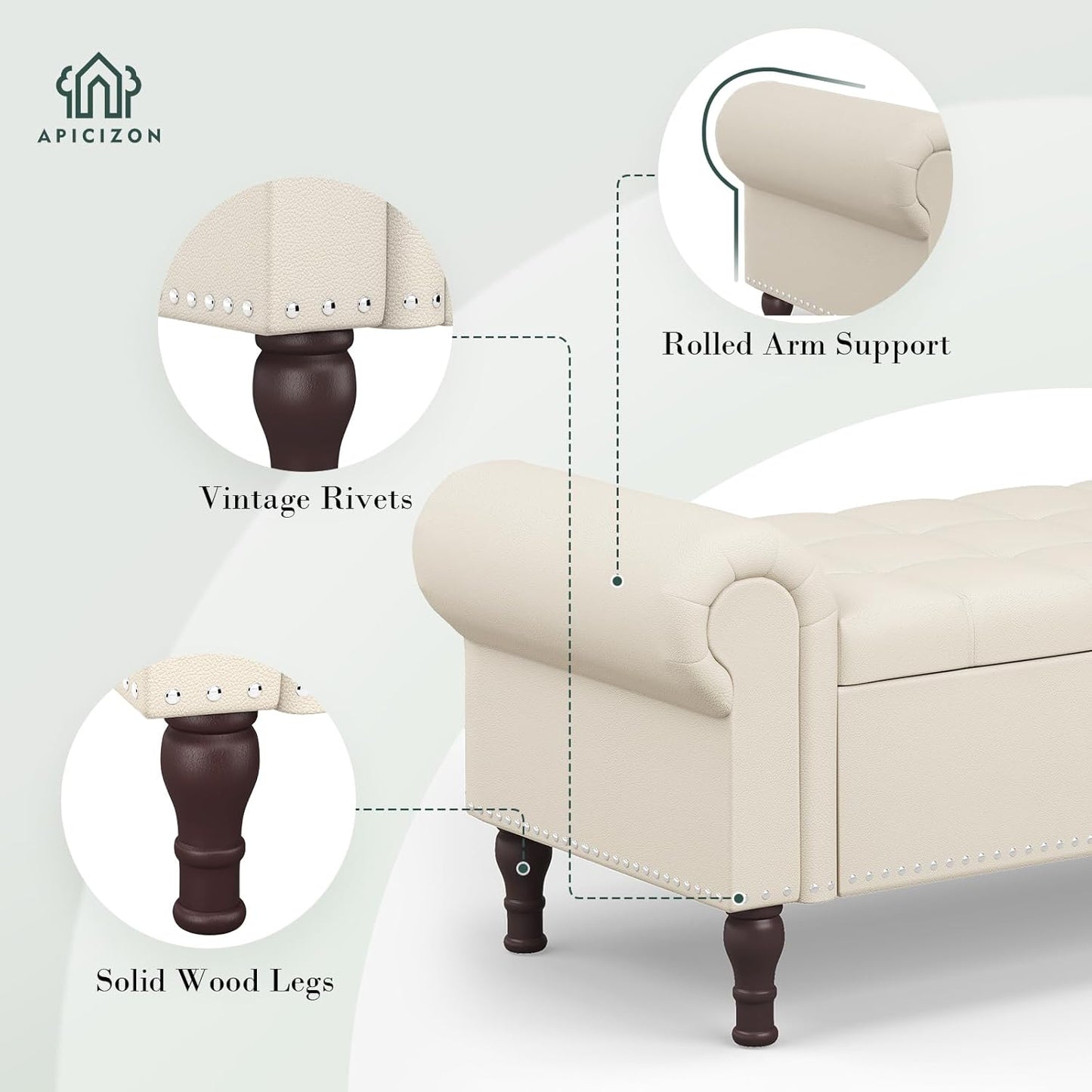 Apicizon 51”Storage Ottoman Bench, Soft Faux Leather Indoor Bench with Rolled Arm and Vintage Rivets, Large Storage Chest for Bedroom, Living Room, Entryway，Beige+Brown Legs