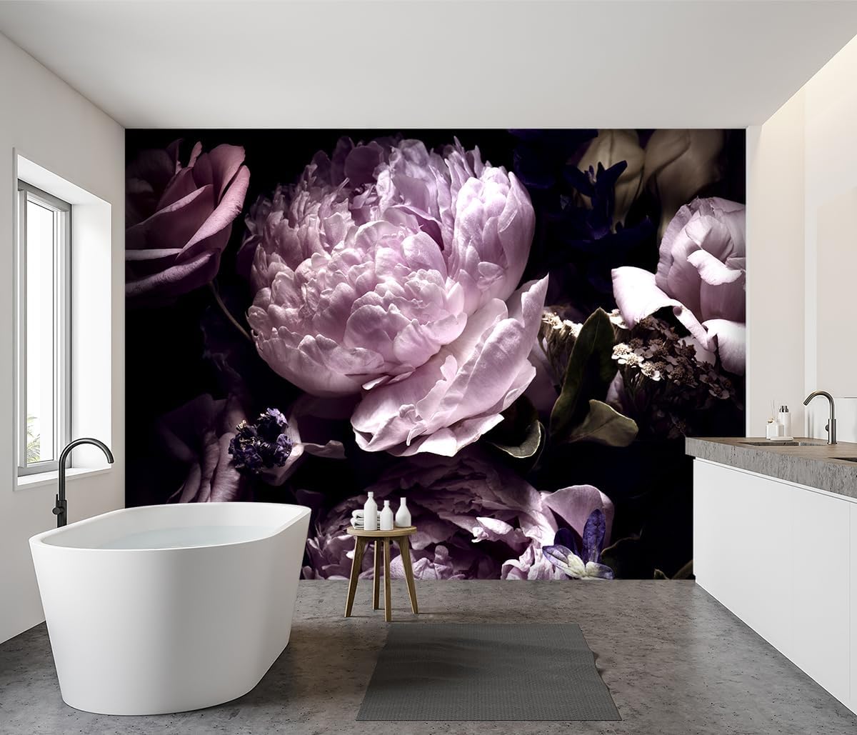 -Black Peony Purple Floral Botanical Fabric Wallpaper Living Room Bedroom Bathroom Dark Flowers Large Wall Mural- 160"x108"（ not Peel and Stick）