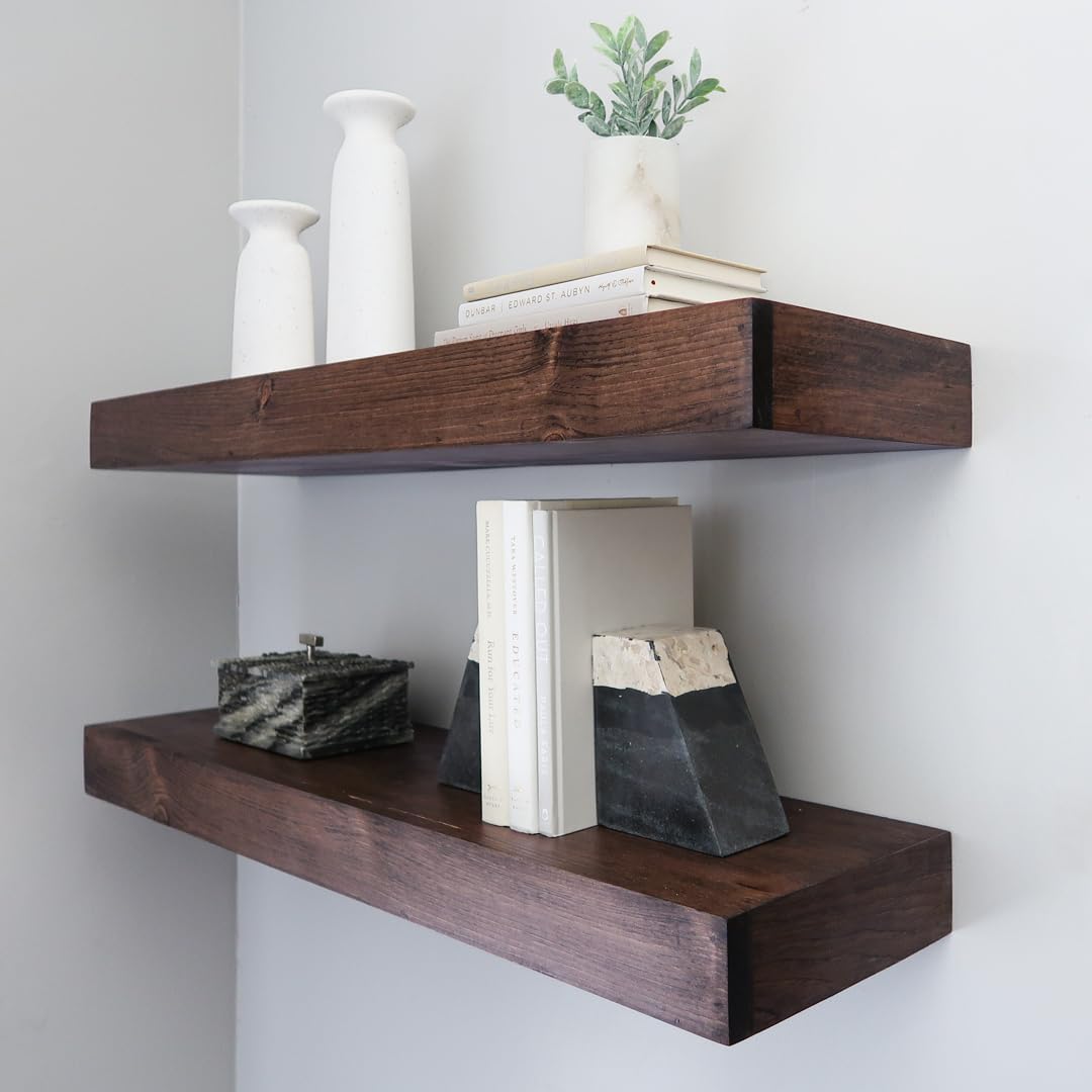 Modern Floating Shelves 3 Inches Thick for Wall, Wide Shelves for Kitchen, Living Room, Bedroom, and Bathroom, Natural Pine Wood, Rustic Wooden Shelf, (Set of 2) (Provincial, 48Lx3Hx6D)