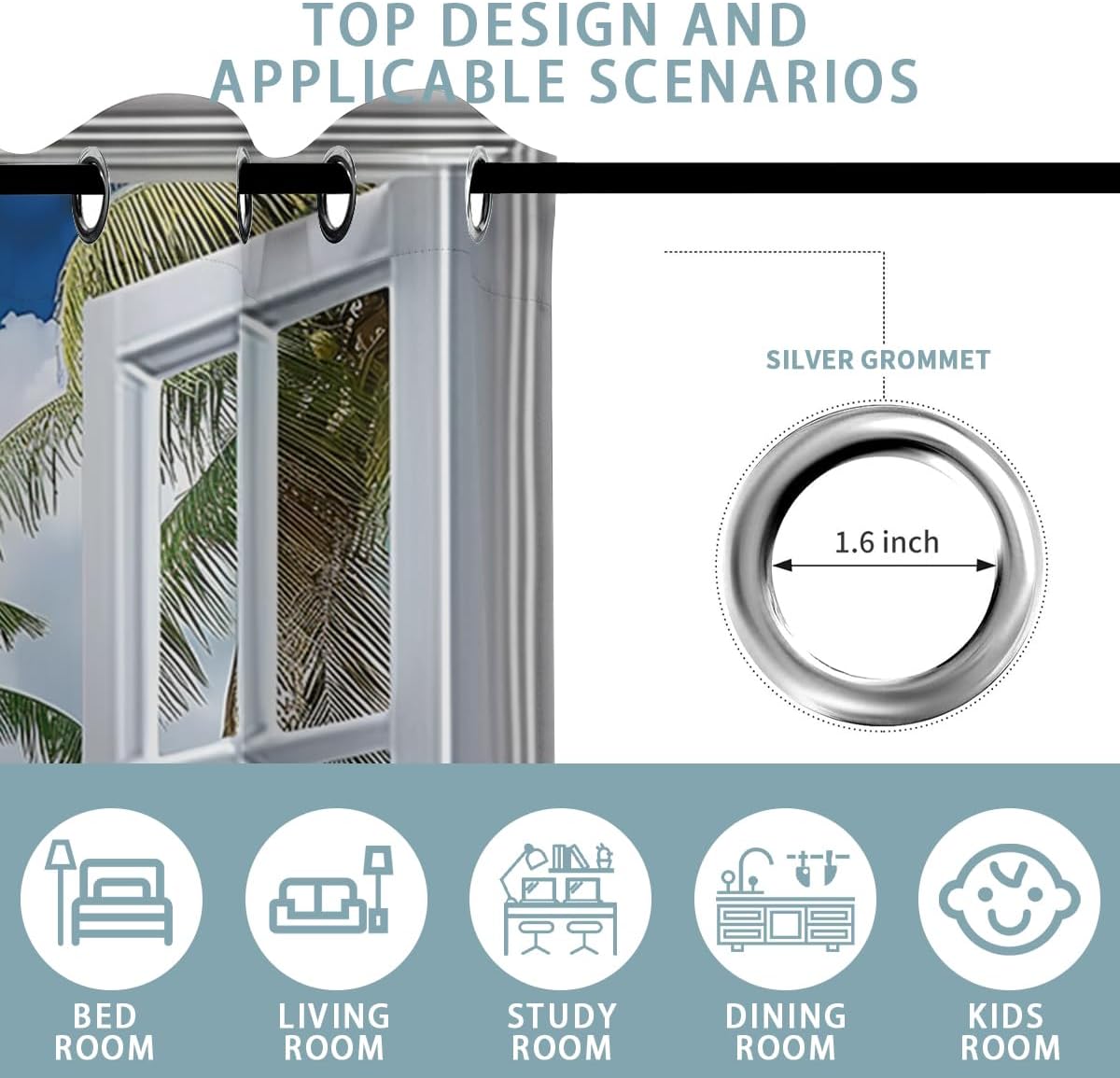 Beach Blackout Curtains for Girls Boys Teens Home Decor, Tropical Summer Scene Ocean Island Palm Tree Grommet Thermal Insulated Drapes Darkening Window Curtain for Bedroom Living Room, 55 x 63 Inch