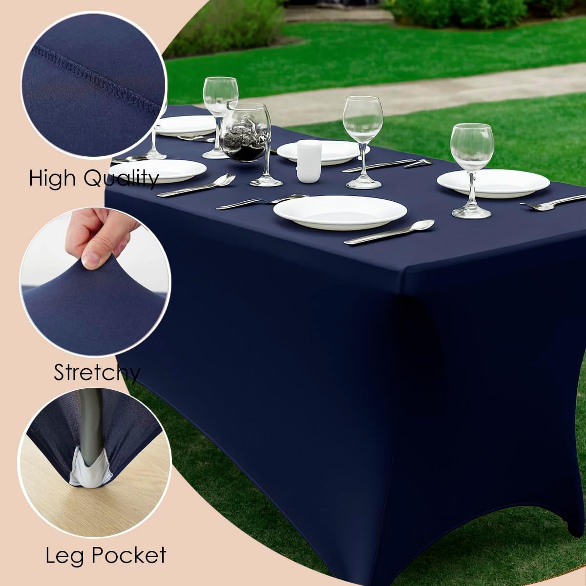 Craft And Party 2 Pack 6ft Navy Blue Spandex Tablecloth – Fitted Stretch Cover – Universal Fit for Folding Tables – Wrinkle-Free, Washable – Ideal for Parties, Weddings, Events