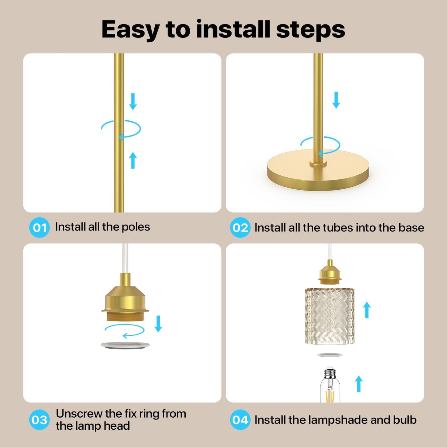 Gold Floor Lamp for Living Room Bedroom, 3-Light Vintage Standing Lamp Stained Glass, Mid Century Modern Tall Floor Lights, Amber Glass Shade with Golden Base