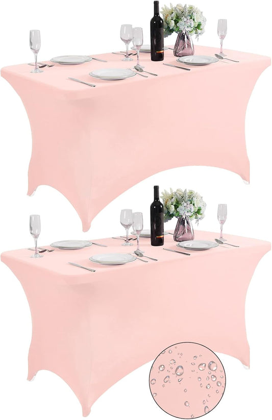 SuperO 2Pack Waterproof Spandex Table Cover for 4FT Table Universal Fitted Stretch Tablecloth for Party, Banquet, Wedding and Events-Blush Pink