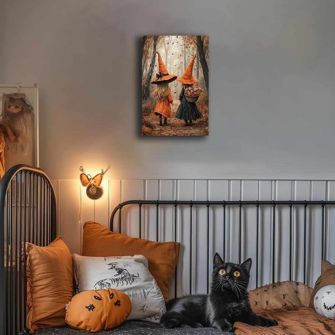 Fall Wall Art Witch Picture Decor,Little Girl Witch Halloween Wall Art, Vintage Autumn Whimsical Woodland Forest Picture, Family Room Nursery Playroom Children Room Decoration,20"x30" Unframed