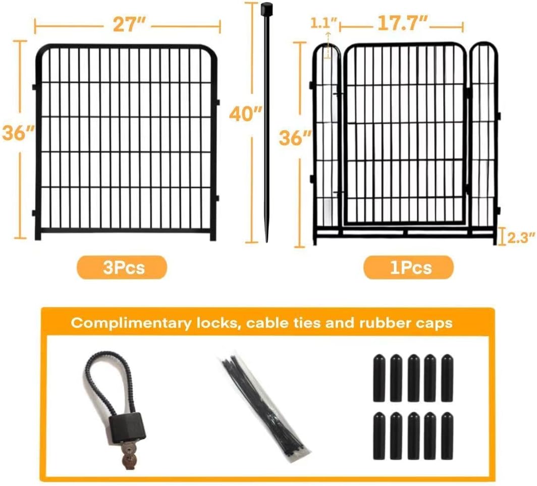 Garden Fence with Gate 36 in(H)×27 in(L) 4 Panels, Heavy Duty Iron Animal Barrier Fence, Rabbit Fence for Garden, Suitable for Indoor Pet Or Outdoor Dog Fencing, Total 8.9 Ft(L), Black