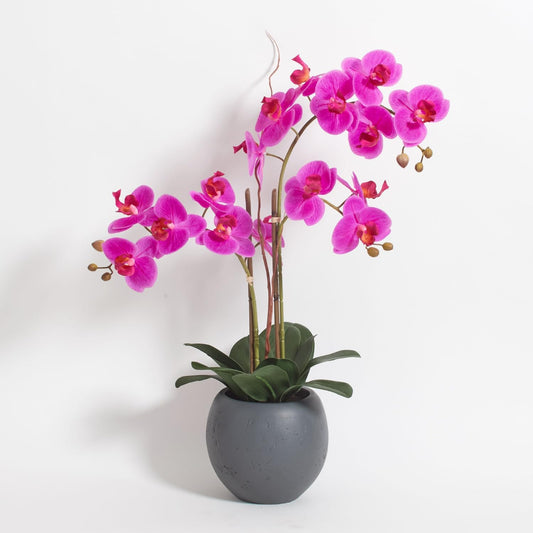 Faux Pink Orchid Plant, Premium Artificial Indoor Flower Display Stands 25-Inches with Beautiful Sculptural Blooms and Foliage That Lasts Forever, Grey Planter Pot Included