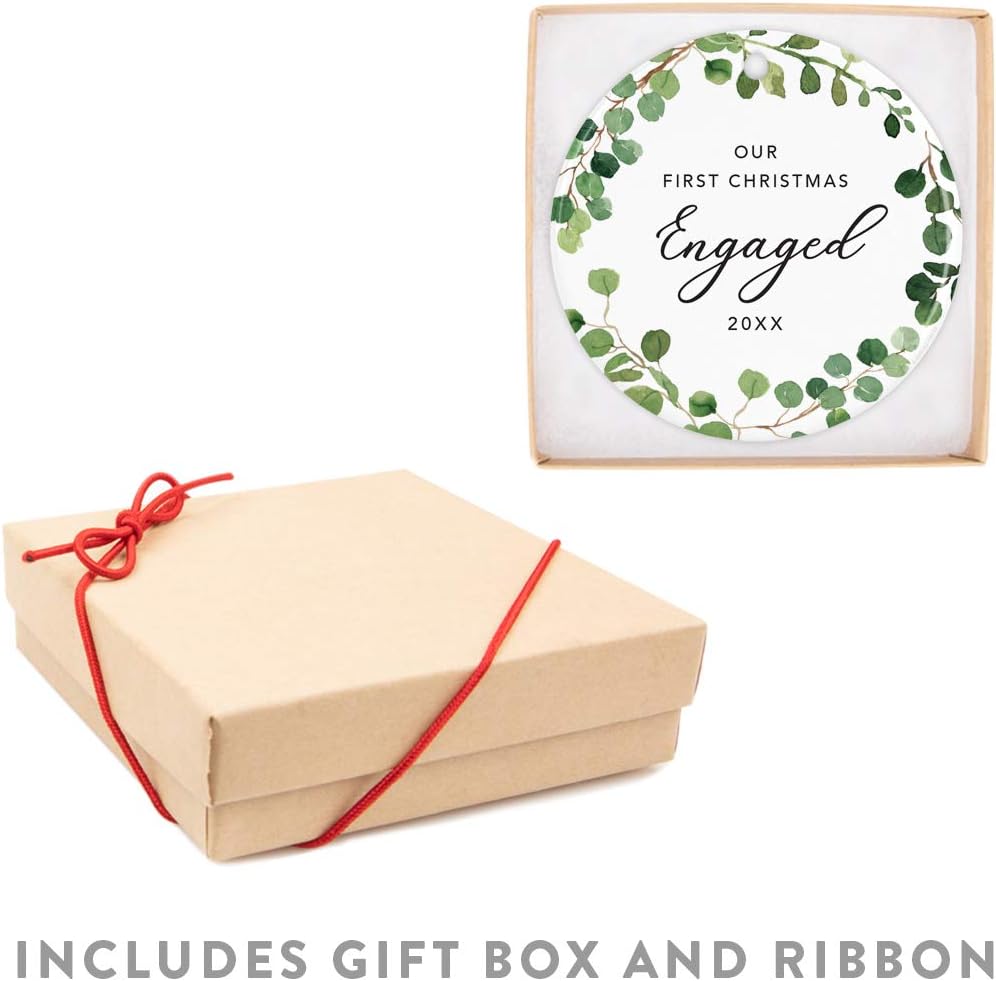 Andaz Press Custom Year Round Ceramic Porcelain Christmas Tree Ornament Keepsake Collectible Gift, Our First Christmas Engaged 2025, Farmhouse Eucalyptus Wreath, 1-PackCouple