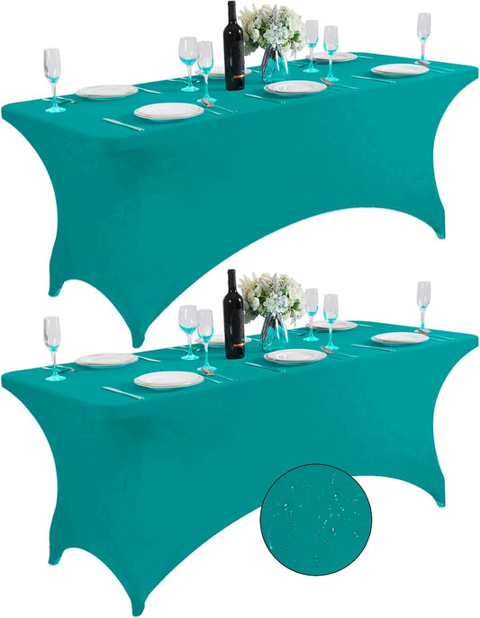 SuperO 2Pack Waterproof Spandex Table Cover for 6FT Table Universal Fitted Stretch Tablecloth for Party, Banquet, Wedding and Events-Turquoise