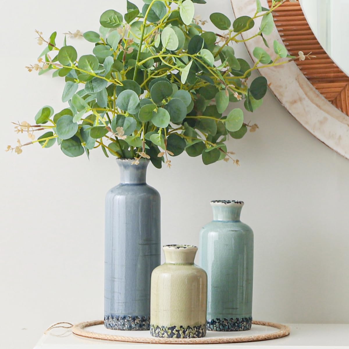 Flower Vase Set of 3, Ceramic Neutral Vases Home Decor, Pottery Rustic Farmhouse Decorative Vases Modern Decor for Table Mantel Entryway Bookshelf Living Room Kitchen Bedroom - Multicolor