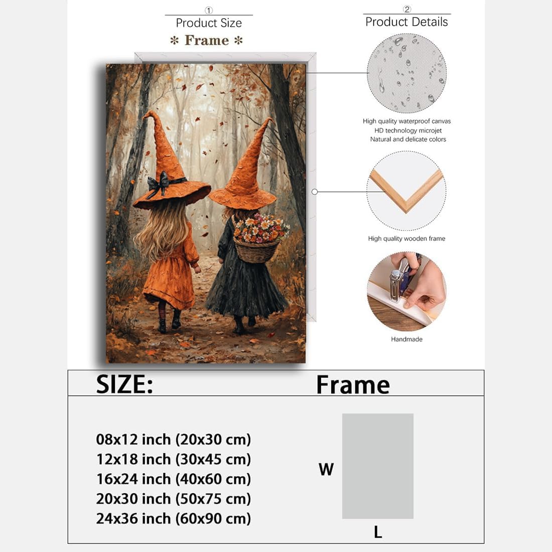 Fall Wall Art Witch Picture Decor,Little Girl Witch Halloween Wall Art, Vintage Autumn Whimsical Woodland Forest Picture, Family Room Nursery Playroom Children Room Decoration,20"x30" Framed