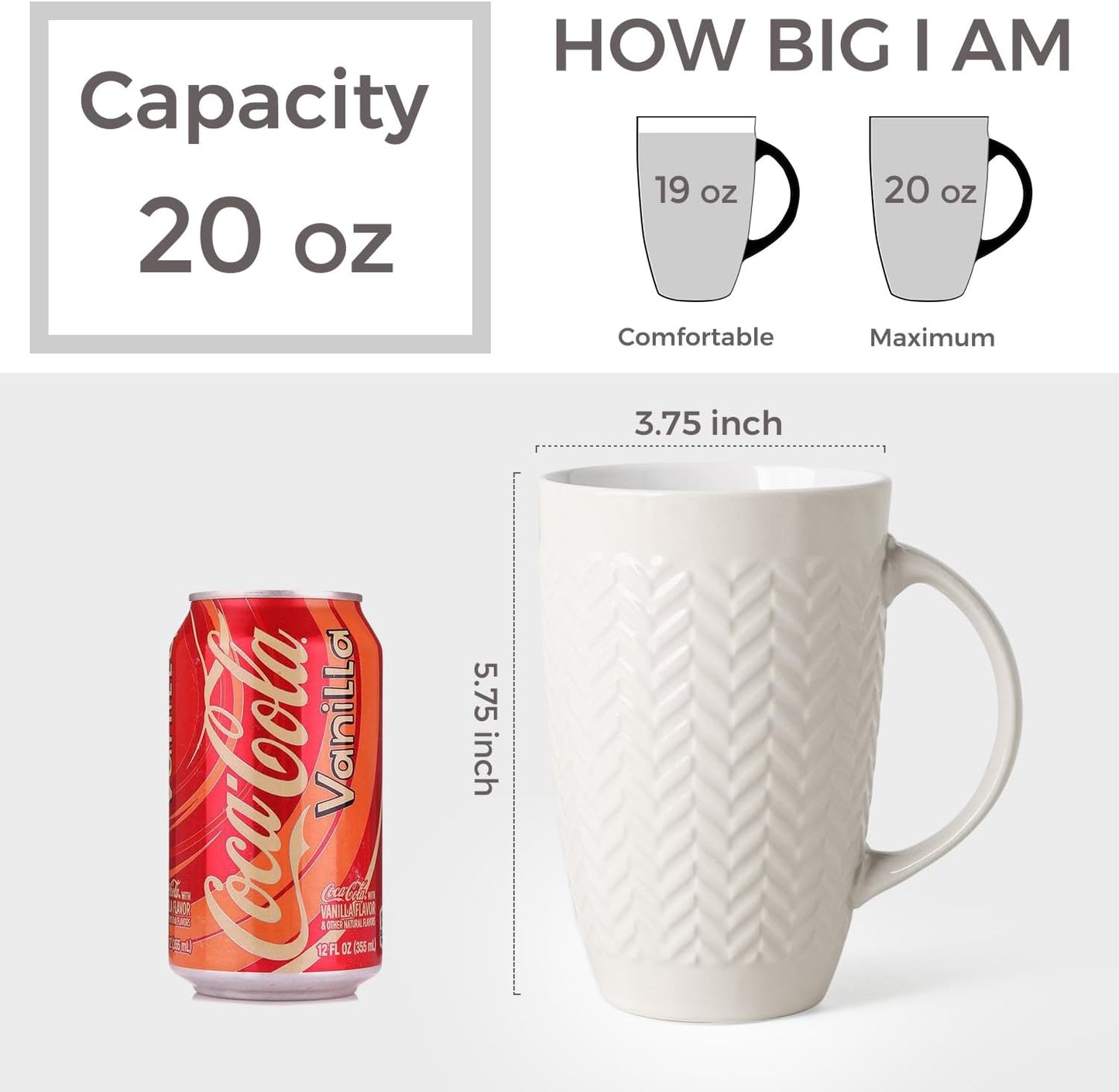 AmorArc Large Coffee Mugs Set of 6, 20oz Ceramic Tall Coffee Mugs Set with Textured Geometric Patterns for Coffee/Tea/Beer/Hot Cocoa, Dishwasher & Microwave Safe, Black&Beige