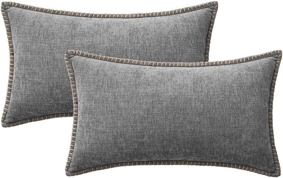 MIULEE Pack of 2 Couch Throw Pillow Covers 12x20 Inch Dark Gray Farmhouse Decorative Pillow Covers with Stitched Edge Soft Chenille Solid Dyed Spring Pillow Covers for Sofa Bed Living Room