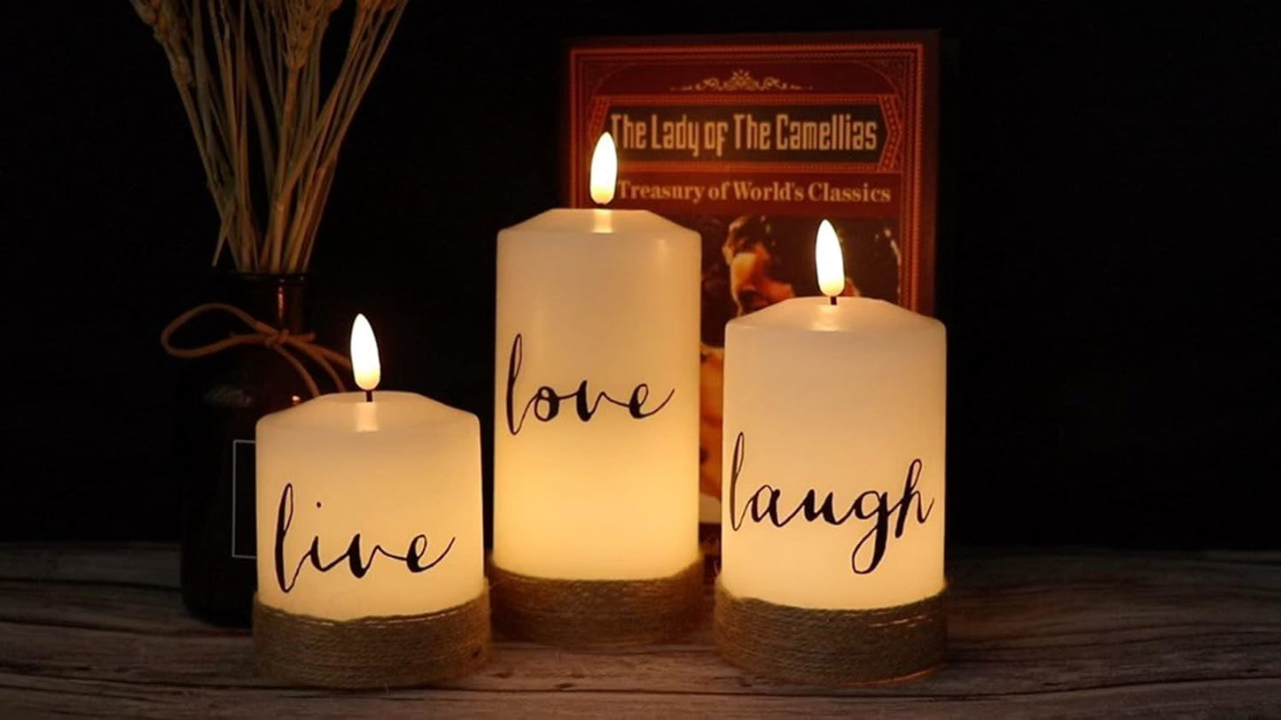 GenSwin Flameless LED Candles with Hemp Rope & Remote Timer, Real Wax Battery Operated Pillar Candles Live Laugh Love, Realistic 3D Wick Flickering Gift (D3 x H4.7 5.7" 6.7", Pack of 3)