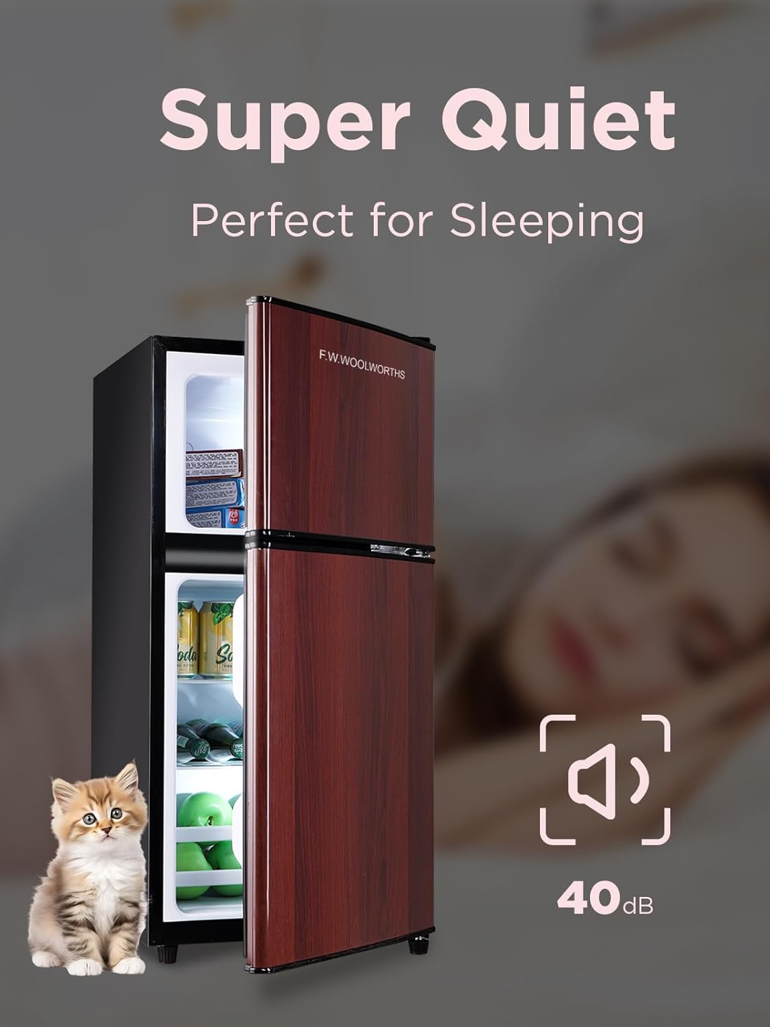 3.5 Cu.Ft Mini Fridge with Freezer, Compact Refrigerator with 2 Doors for Office, Kitchen, Dorm and Bedroom, Small Fridge with 7 Level Temp Adjustable Thermostat, Wood