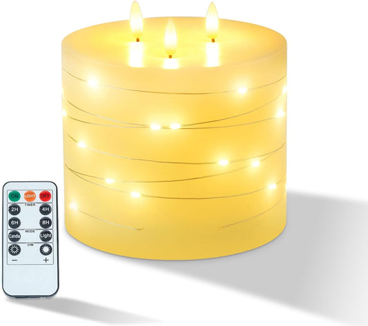 Amagic 6"x6" Extra Large Flameless Candles with 3 Wicks, Battery Operated Candles with Remote Control and Timer, LED Pillar Candles with Bling String Light, Real Wax, Realistic 3D Wick, Ivory