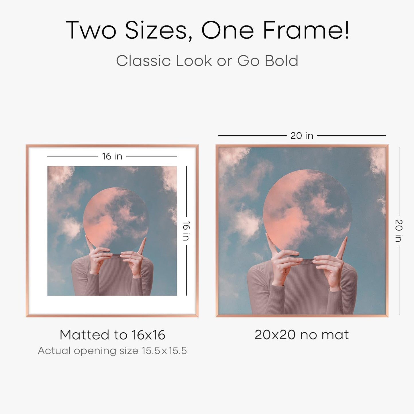 Homeforia 20x20 Picture Frame Rose Gold, High End Metal 20 x 20 Square Poster Frame with Mat 16 x 16 Photo, 20x20 Frame Matted to 16x16 Print, 20by20 Hanging Frames, Tempered Glass, Wall Kit, Set of 1