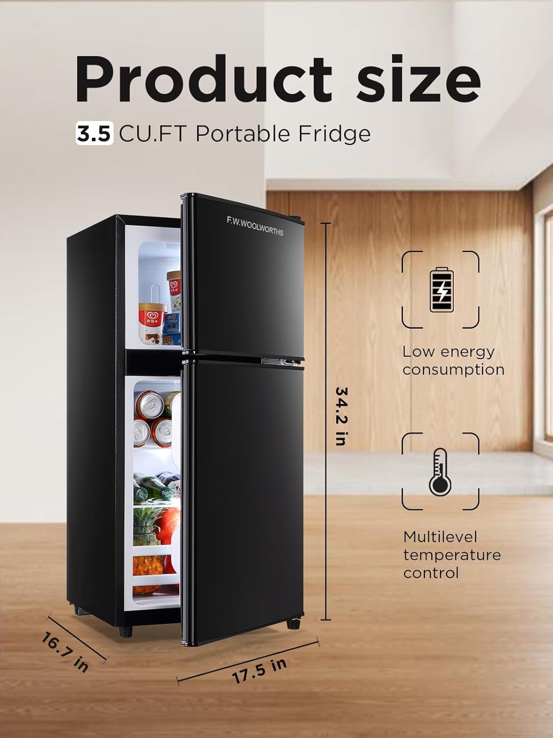 3.5 Cu.Ft Compact Refrigerator with Freezer, Mini Fridge with 2 Doors for Office, Kitchen, Dorm and Bedroom, Small Fridge with 7 Level Temp Adjustable Thermostat, Black