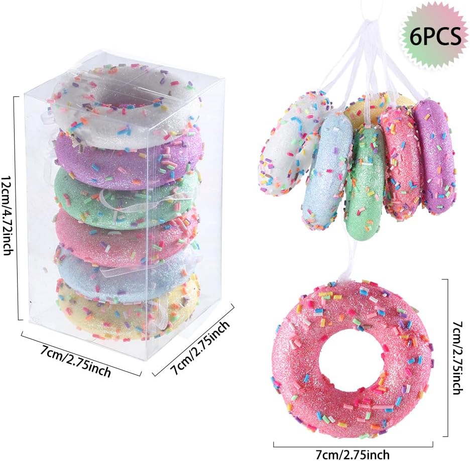 Donut ChristmasParty Decorations Ornaments, 6Pcs Hanging Christmas Tree Candy Ornament, Macaron Color Mini Dessert Donut Pendant Set for Xmas New Year Easter Birthday Home Party Supplies (Doughnut)