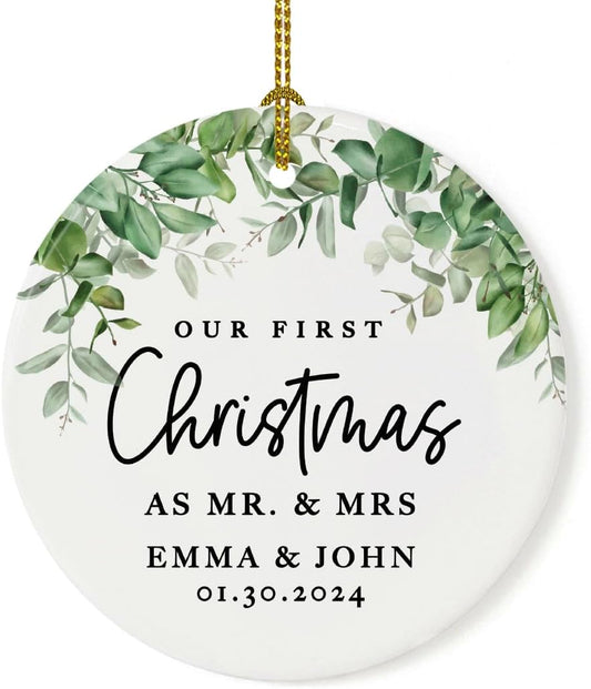 Andaz Press Personalized Our First Christmas As Mr. & Mrs. 2024 Christmas Ornaments Greenery 2.8" Round Porcelain Ceramic 1st Year Married Custom Ornament Keepsake for Newlyweds 1-Pack