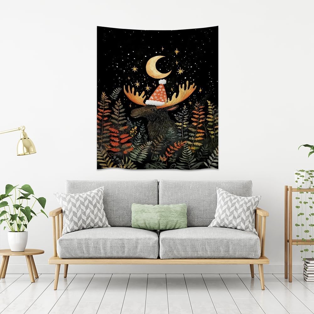 Cute Moose Tapestry Winter Christmas Aesthetic Wall Hanging Decor Funny Animal Lover Gift Whimsical Christmas Tapestries for Nursery Kids Bedroom Home Living Room Decoration 40x60inch