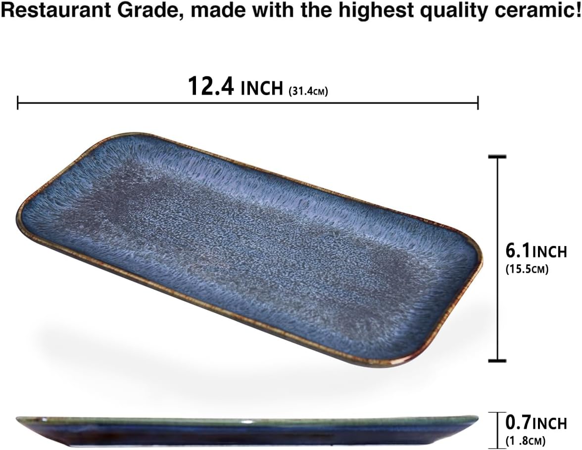 Ceramic Dinner Plates Dish Set,Set of 4, for Lunch snacks - Microwave, Oven & Dishwasher Safe,Scratch Resistant, Dinnerware Kitchen Porcelain Serving Dishes,Blue 12.4 Inch Rectangle plate