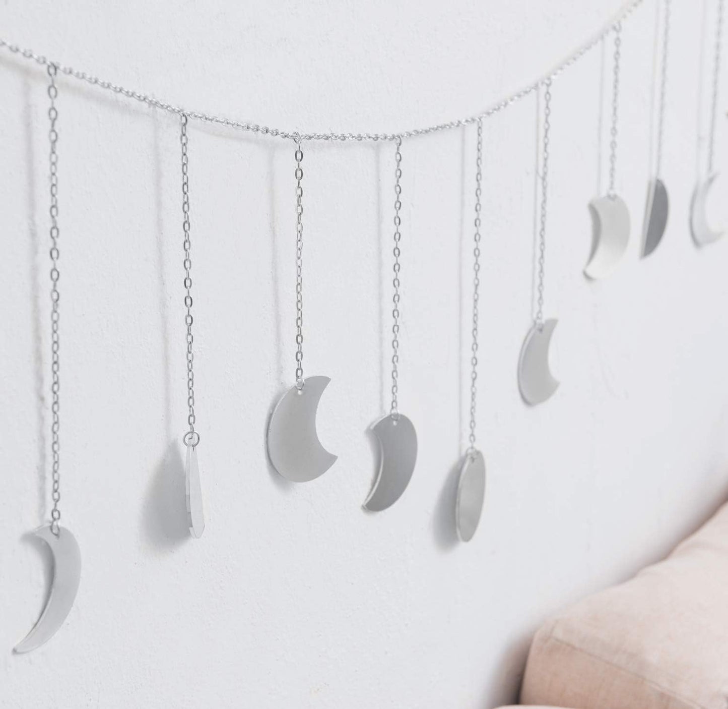 Mkono Moon Phase Wall Hanging Boho Aesthetic Room Decor Metal Moons Garland Hanging Art Bohemian Home Decoration for Girls Room Nursery Bedroom Livingroom Dorm, Ideal, Silver, 55"