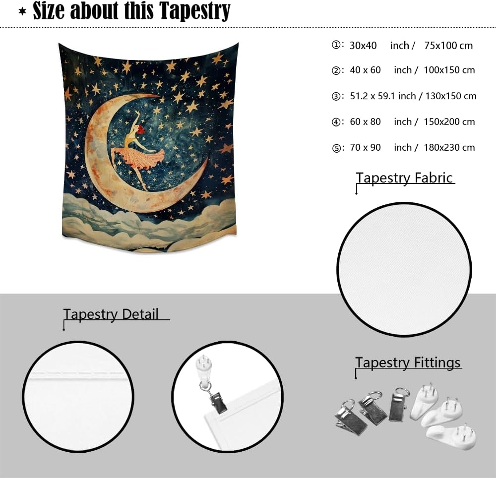 Dancer on the Moon Tapestry Starry Night Sky Art Print Dark Academia Gothic Aesthetic Wall Hanging Stars Moon Clouds Tapestries Whimsical Wall Decor for Nursery Bedroom 40x60inch