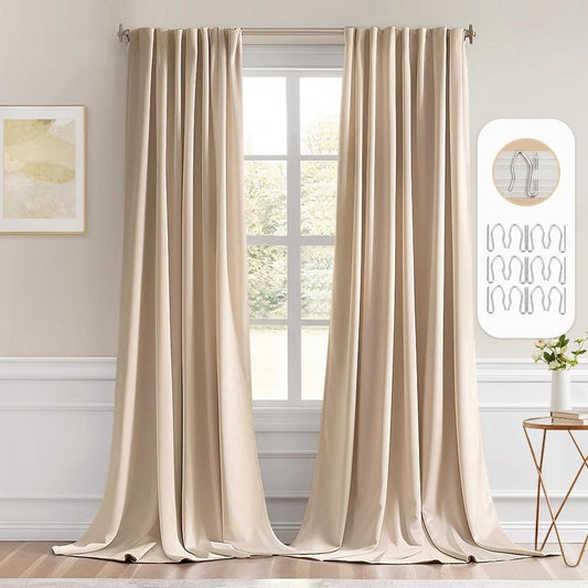 MIULEE Back Tab Beige Curtains 120 Inch Long 2 Panels Set for Living Room Bedroom, Cream Rod Pocket/Pinch Pleated Light Blocking Extra Long Thermal Insulated Room Darkening Blackout Curtains/Drapes