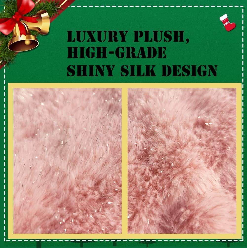 AOGU 48 Inch Faux Fur Christmas Tree Skirt Pink Shiny Plush Skirt for Merry Christmas Party Christmas Tree Decoration