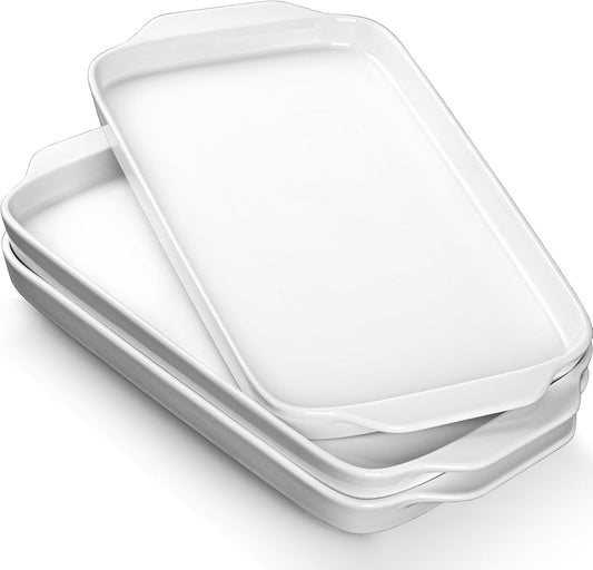 Dizada Large Serving Platter with Handles, 16" x 9" Porcelain Serving Tray, White Rectangular Platters for Entertaining & Serving Food, Serving Trays for Party, Appetizer, Charcuterie - Set of 3