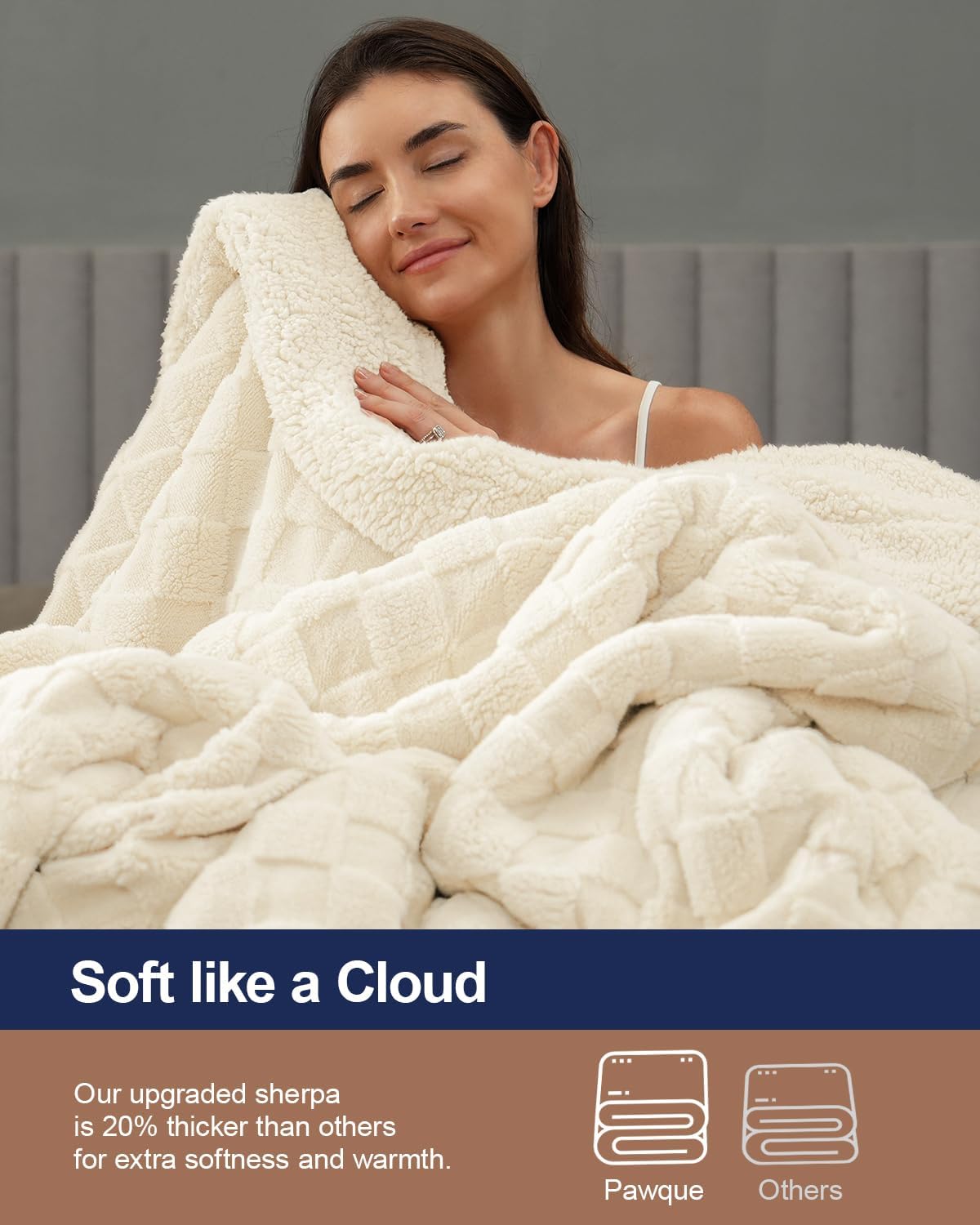 Pawque Super Soft Cozy Throw Blanket King Size for Couch Bed, Fluffy Sherpa Fleece Reversible Thick Warm Fuzzy Blanket for All-Season, 3D Checkered Jacquard Decorative Blankets, Cream White, 108"x90"