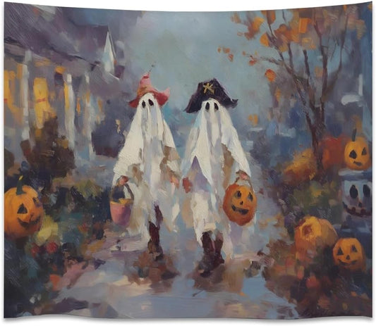Funny Halloween Ghost Tapestry Wall Hanging Cute Kids Nursery Room Decor Trick or Treat Art Print Goth Fall Pumpkin Ghost Tapestries for Living Room Bedroom wall Decor 30x40inch