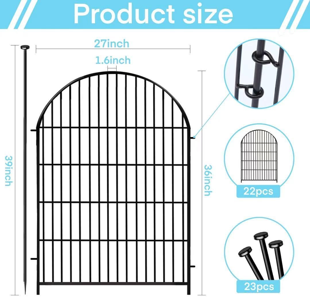 Garden Fence Animal Barrier with Gate, 22 Panels Garden Fencing 36 inch High, Dog Fence Outdoor for Yard, Black Heavy Duty Metal Temporary Fencing, Total 49.5 Ft(L), Arched