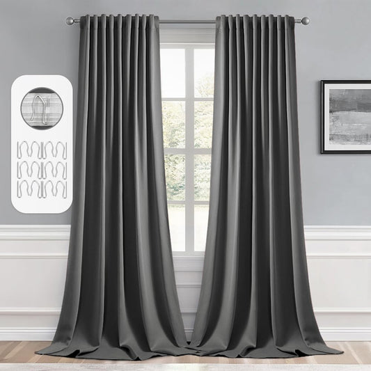 MIULEE Back Tab Grey Blackout Curtains 102 Inch Long 2 Panels Set for Living Room Bedroom, Rod Pocket/Pinch Pleated Thermal Insulated Room Darkening Light Blocking Floor to Ceiling Curtains/Drapes
