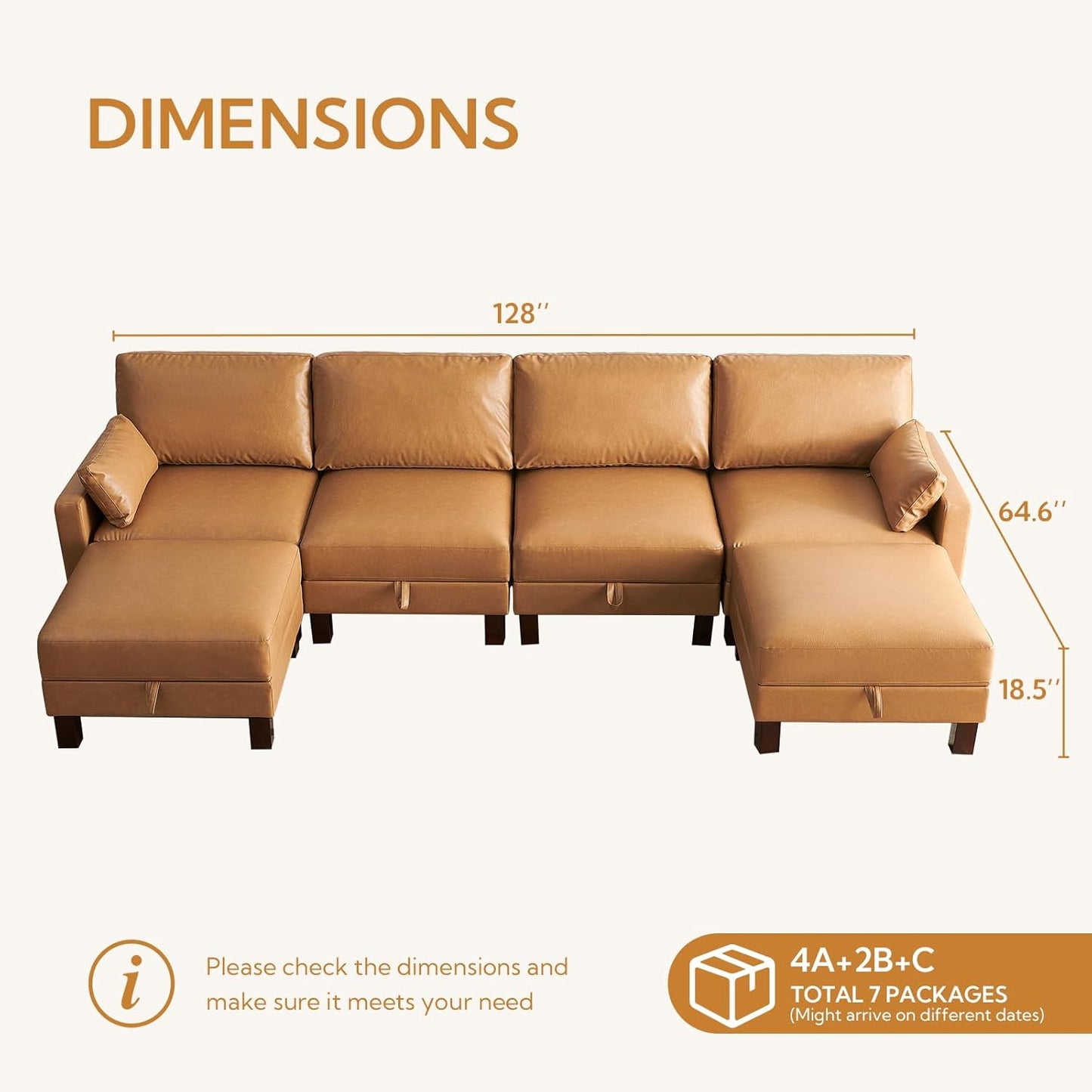 U-Shape Modular Sofa Couch 128" Modern 4-Seat Sofa with Chaises, Upholstered Sectional Couch with Wood Square Legs for House, Living Room, Reception Room, Apartment, Tan