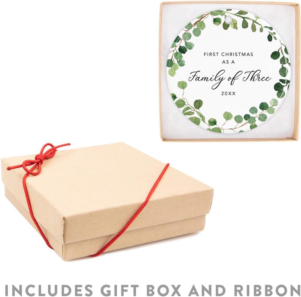 Andaz Press Custom Year Round Ceramic Porcelain Christmas Tree Ornament Keepsake Collectible Gift, First Christmas as a Family of Three 2025, Farmhouse Eucalyptus Wreath, 1-PackNew