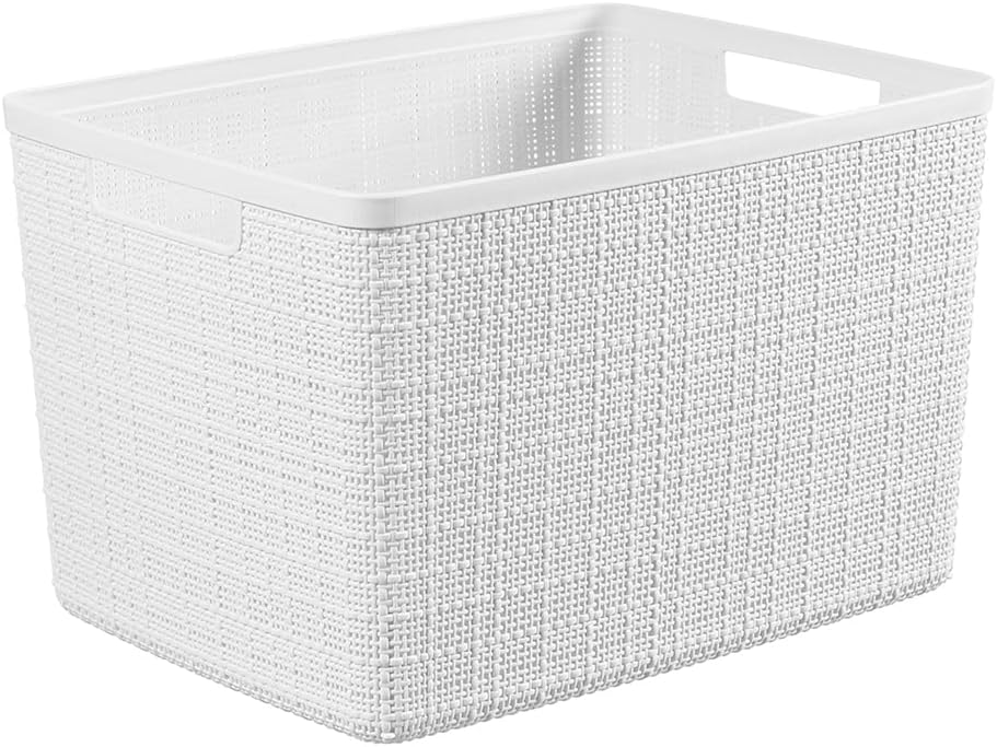 Curver Set of 4 Jute Large Decorative Plastic Organization and Storage Baskets, Perfect Bins for Home Office, Closet Shelves, Kitchen Pantry and All Bedroom Essentials, White