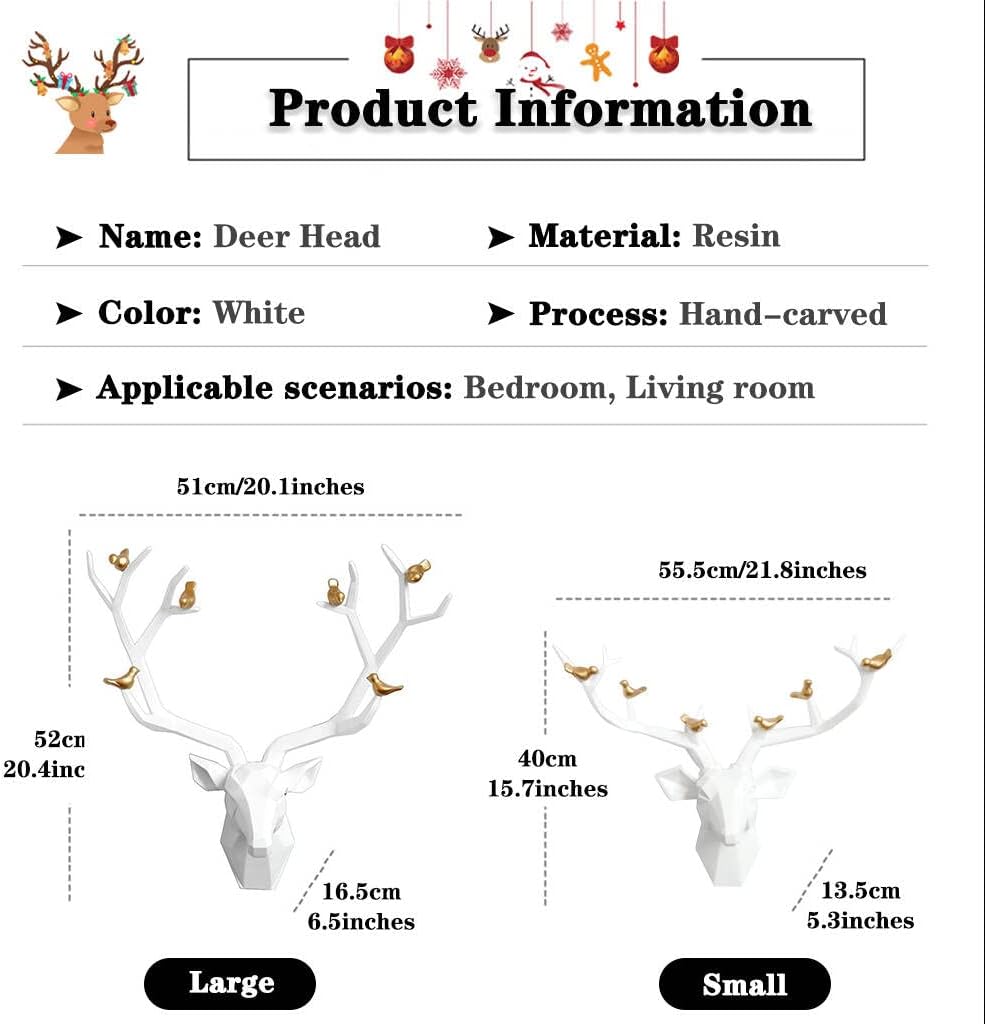 Deer Head Wall Decor Geometric Rustic Wall Mounted Deer Head, Faux Taxidermy Animal Head Wall Art Pendant, Handmade Resin Head Sculptures for Porch, Detachable Antlers, 6 Styles(White,20.1x20.4IN)
